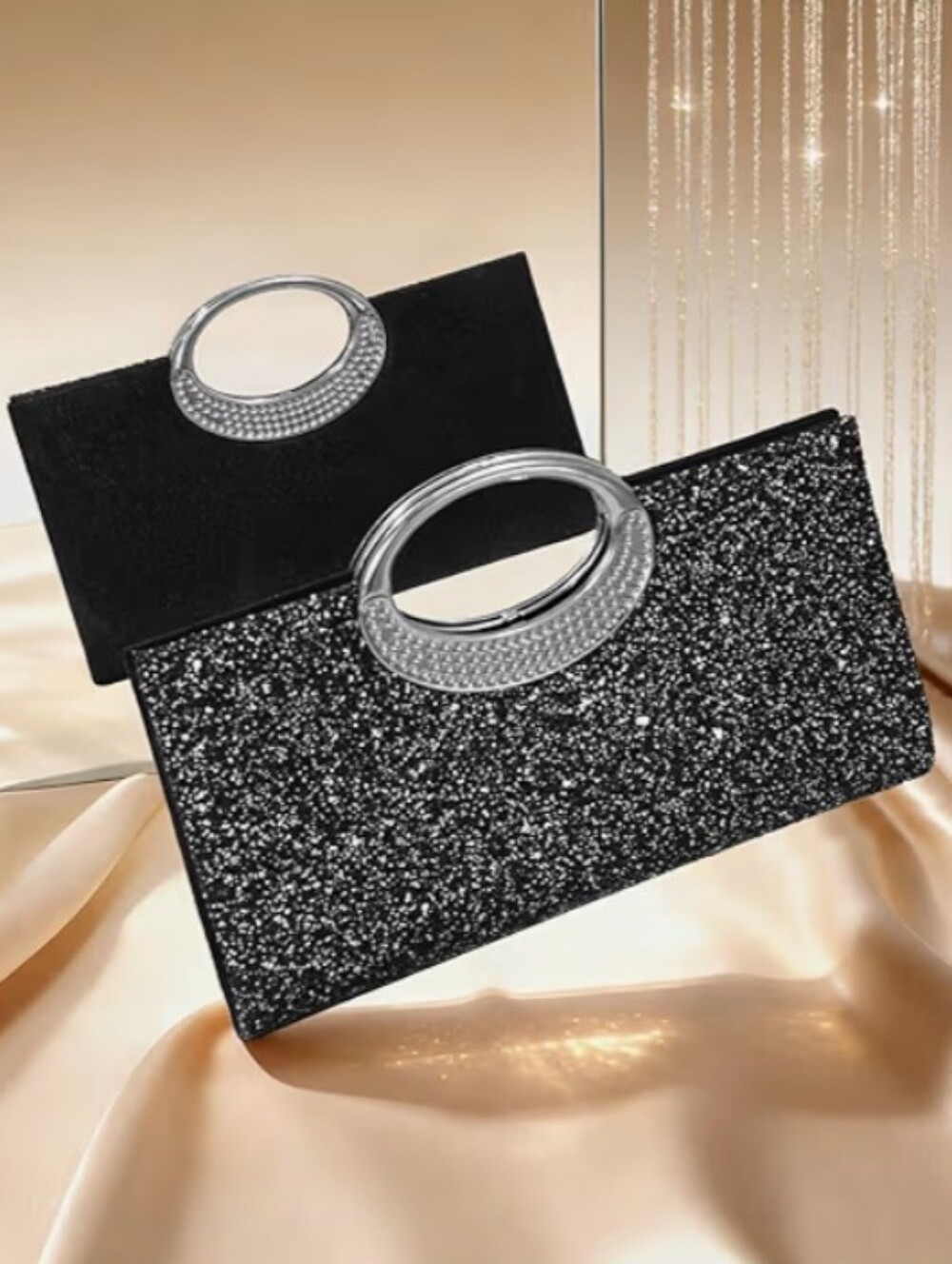 ​New  Black Glitter Sequin Clutch Purse Formal Evening Handbag Elegant Wedding